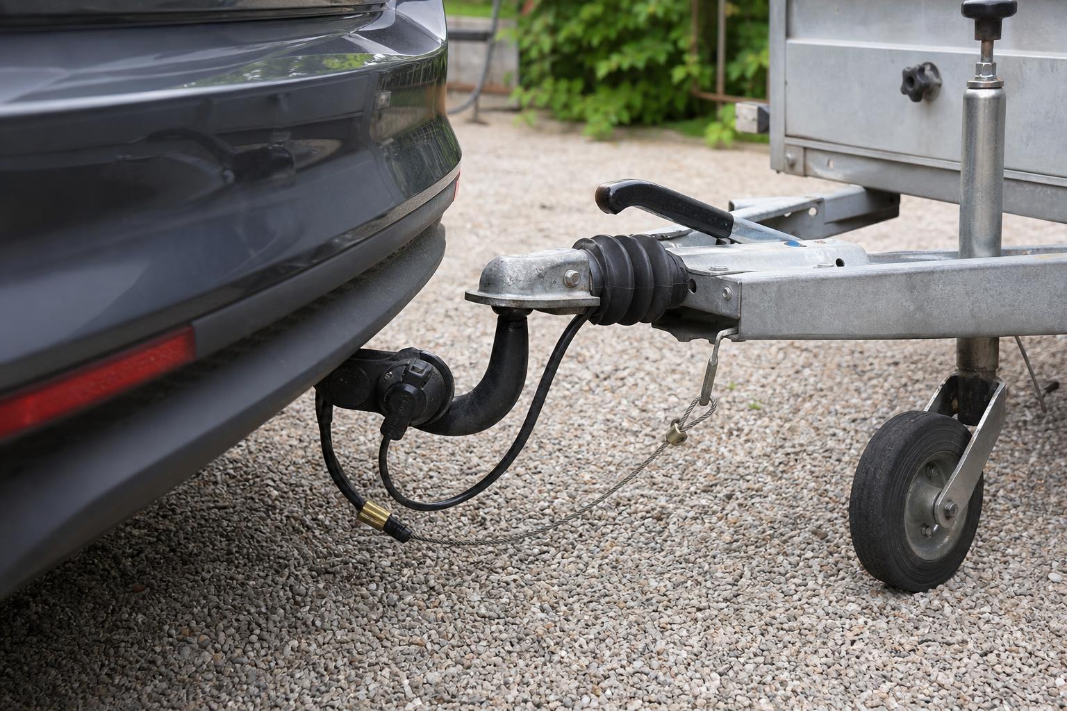 Autó vonóhorga biztonsági kötéllel és elektromos csatlakozóval, hozzákapcsolt utánfutóval