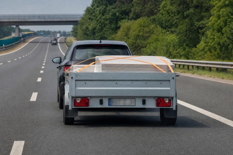 Személyautó szabályosan megrakott utánfutóval halad egy magyar autópályán