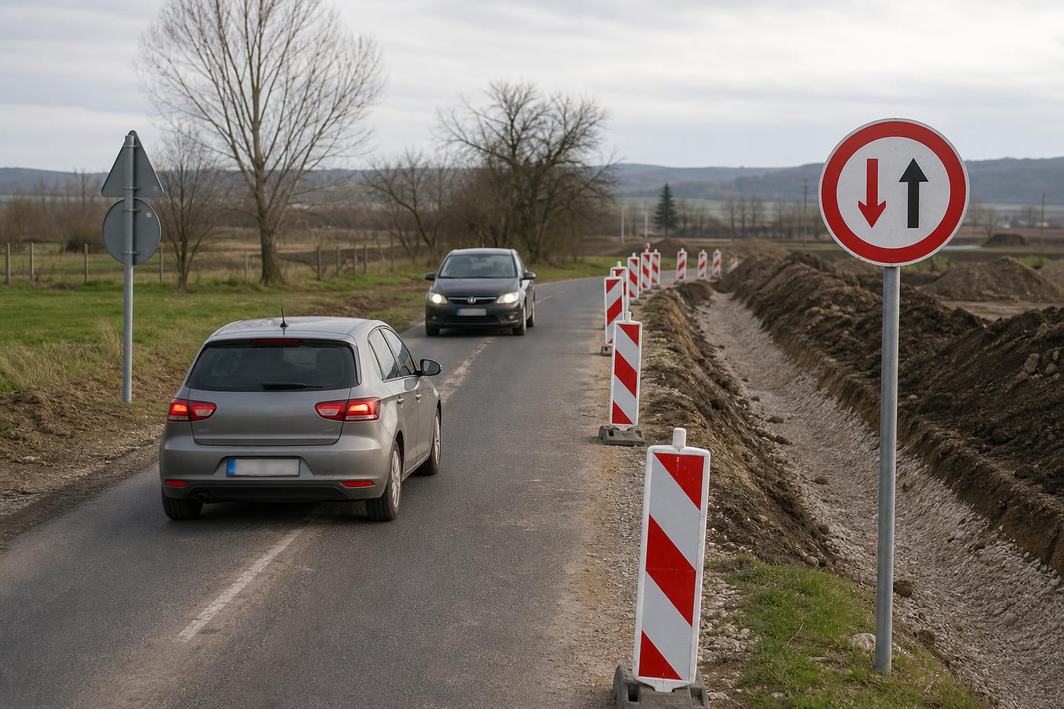 Két személyautó találkozása egy táblával jelzett útszűkületnél, útépítési akadállyal az egyik oldalon