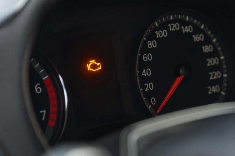 Autó műszerfala világító motorhiba-jelzéssel üzemanyag-nyomásszabályzó hiba esetén