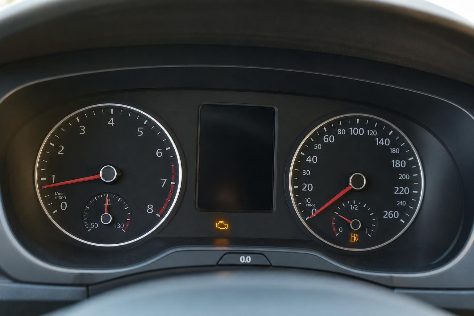 Autó műszerfalának közeli képe motorhiba-visszajelzővel, az üzemanyag-szivattyú hibájának lehetséges jeleként