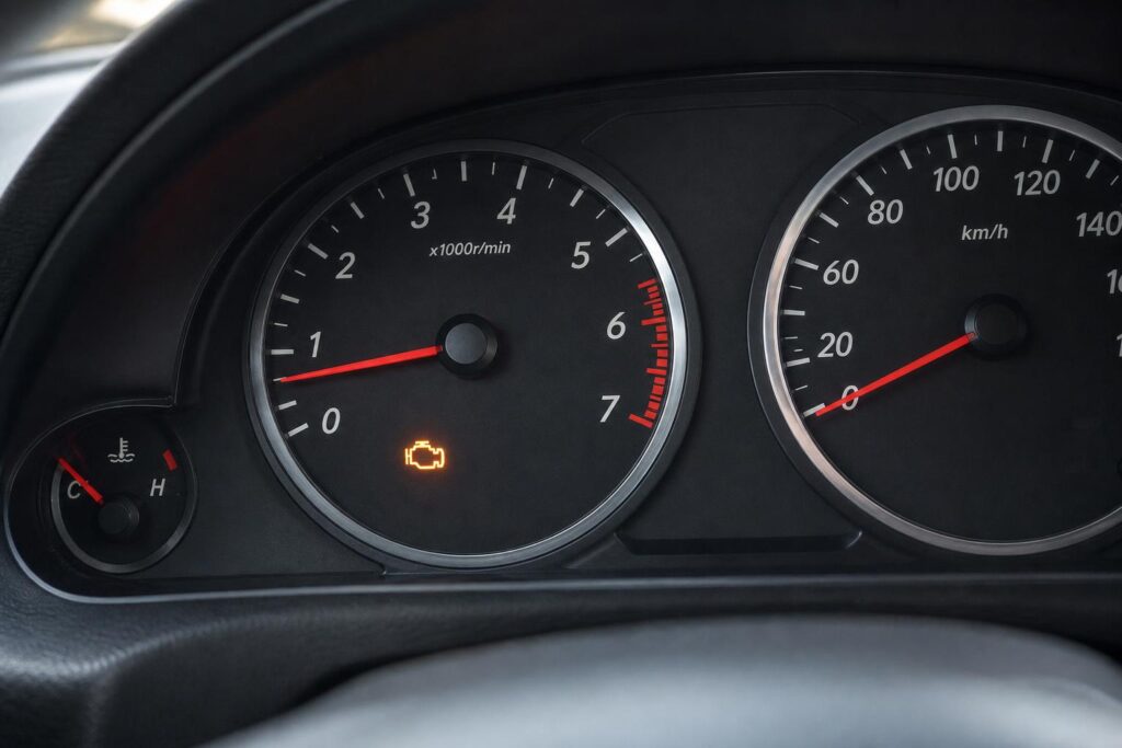 Autó műszerfala világító motorhiba-jelző lámpával, ingadozó üzemanyagnyomásra utaló hibajelenség szemléltetéséhez