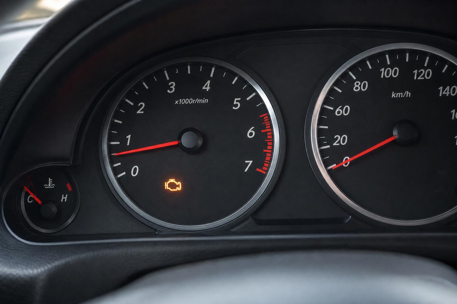Autó műszerfala világító motorhiba-jelző lámpával, ingadozó üzemanyagnyomásra utaló hibajelenség szemléltetéséhez