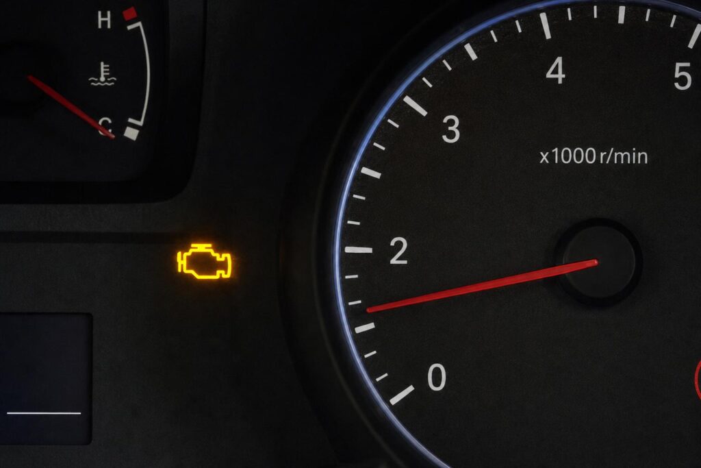 Autó műszerfala világító motorhiba-jelzéssel, amely üzemanyagrendszeri problémára is utalhat