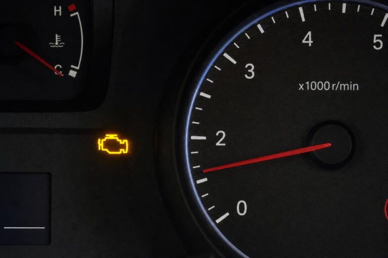 Autó műszerfala világító motorhiba-jelzéssel, amely üzemanyagrendszeri problémára is utalhat