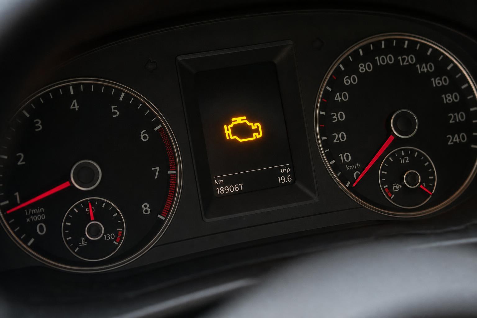 Autó műszerfala világító motorhiba-jelzővel, amely terhelés alatti üzemanyag-ellátási hibára utalhat