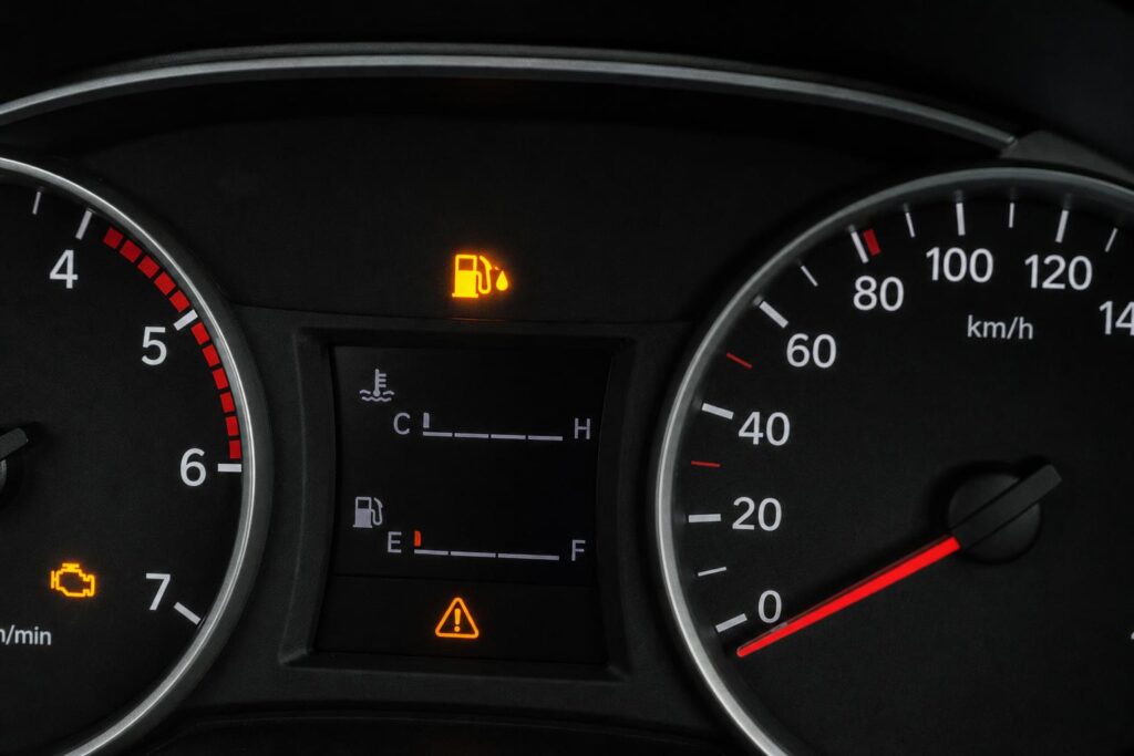 Autó műszerfalának közeli képe világító motorhiba-jelző ikonnal alacsony üzemanyagnyomás lehetséges hibájára utalva