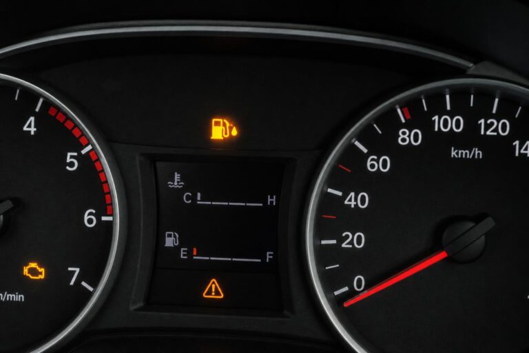 Autó műszerfalának közeli képe világító motorhiba-jelző ikonnal alacsony üzemanyagnyomás lehetséges hibájára utalva