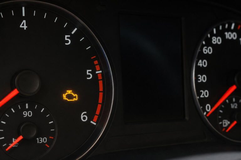 Autó műszerfala világító motorhiba-jelzéssel, üzemanyagrendszeri probléma gyanújára utaló hibakeresési helyzetben