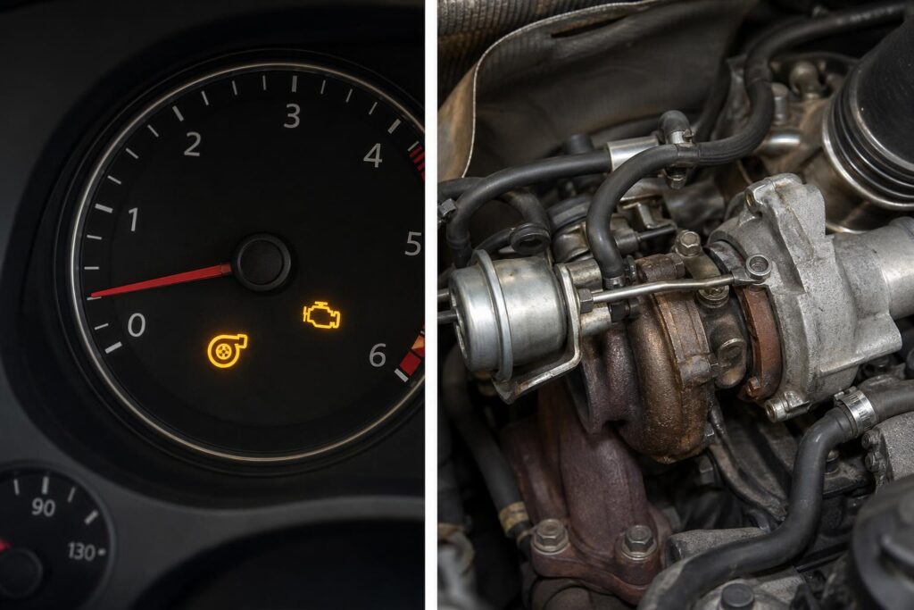 Autómotor vákuumcsövekkel, turbóaktuátorral és turbóvezérlő mechanikával közeli nézetben