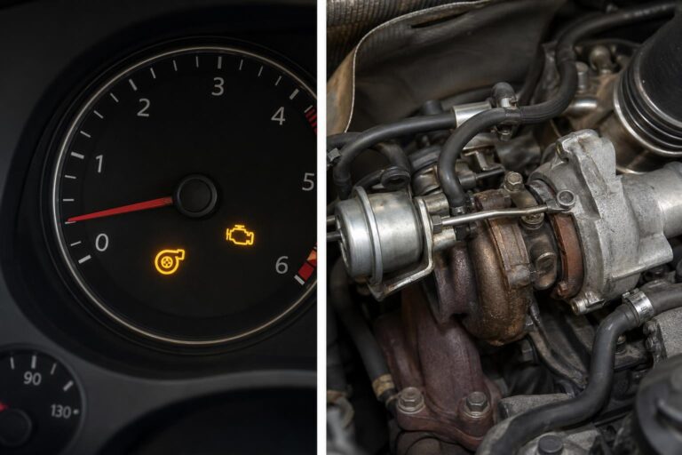 Autómotor vákuumcsövekkel, turbóaktuátorral és turbóvezérlő mechanikával közeli nézetben