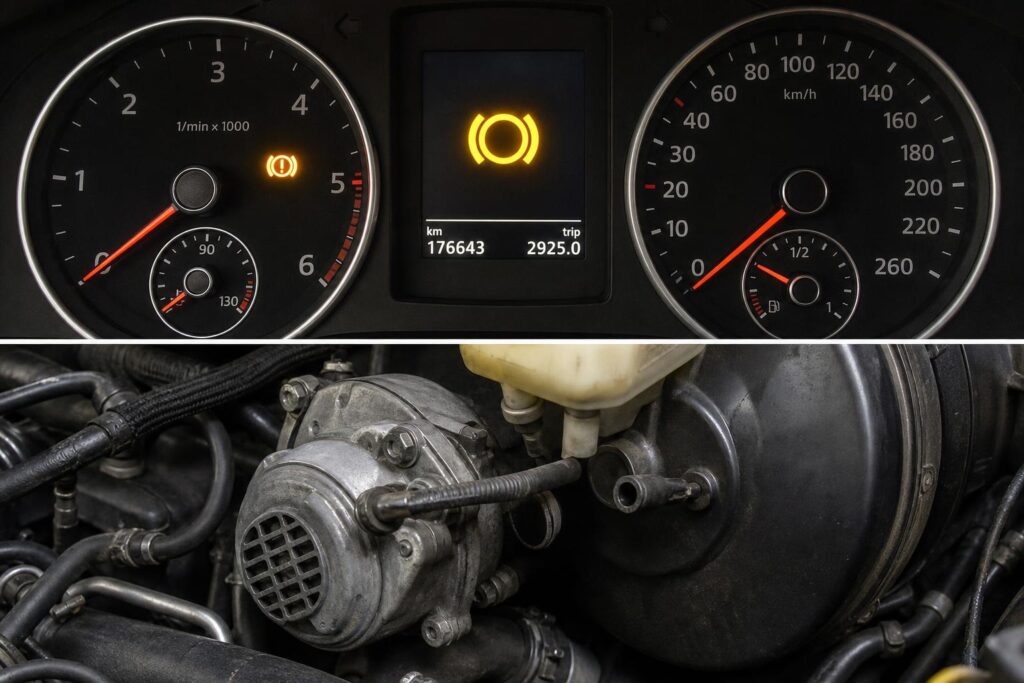Autó motorterében látható vákuumpumpa és fékrásegítő sérült vákuumcsővel