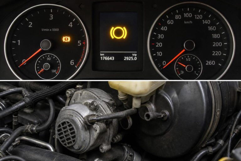 Autó motorterében látható vákuumpumpa és fékrásegítő sérült vákuumcsővel