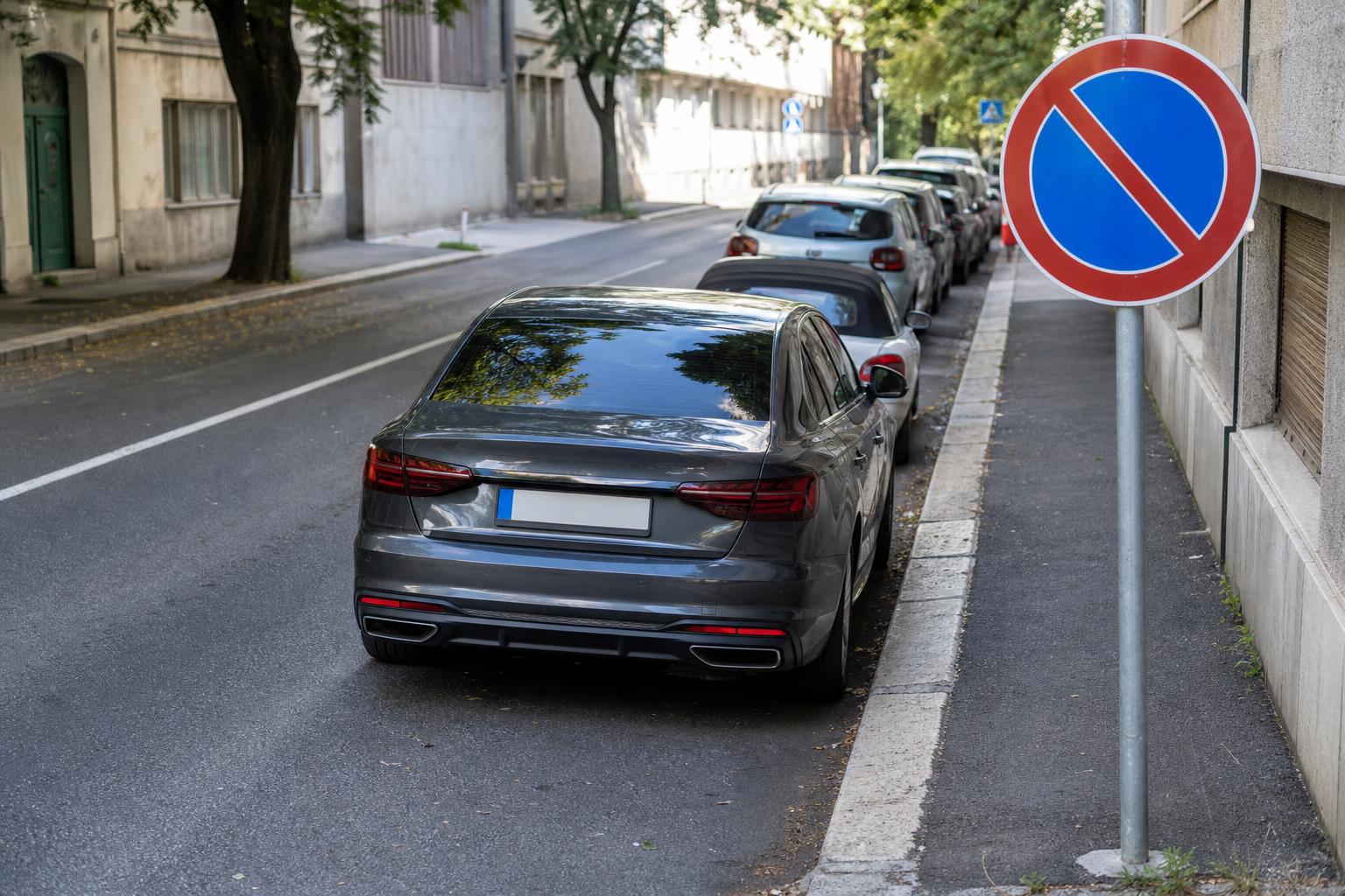 Autó várakozni tilos tábla mellett egy városi úton