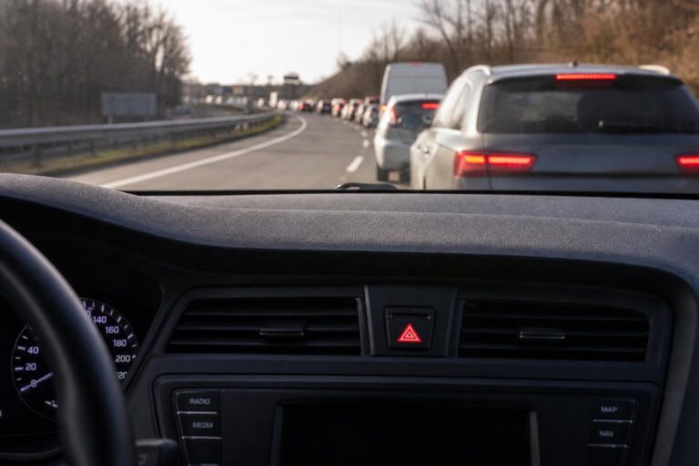 Autó műszerfala vészvillogó-jelzéssel, előtte hirtelen kialakult torlódás és fékező járművek egy autópályán