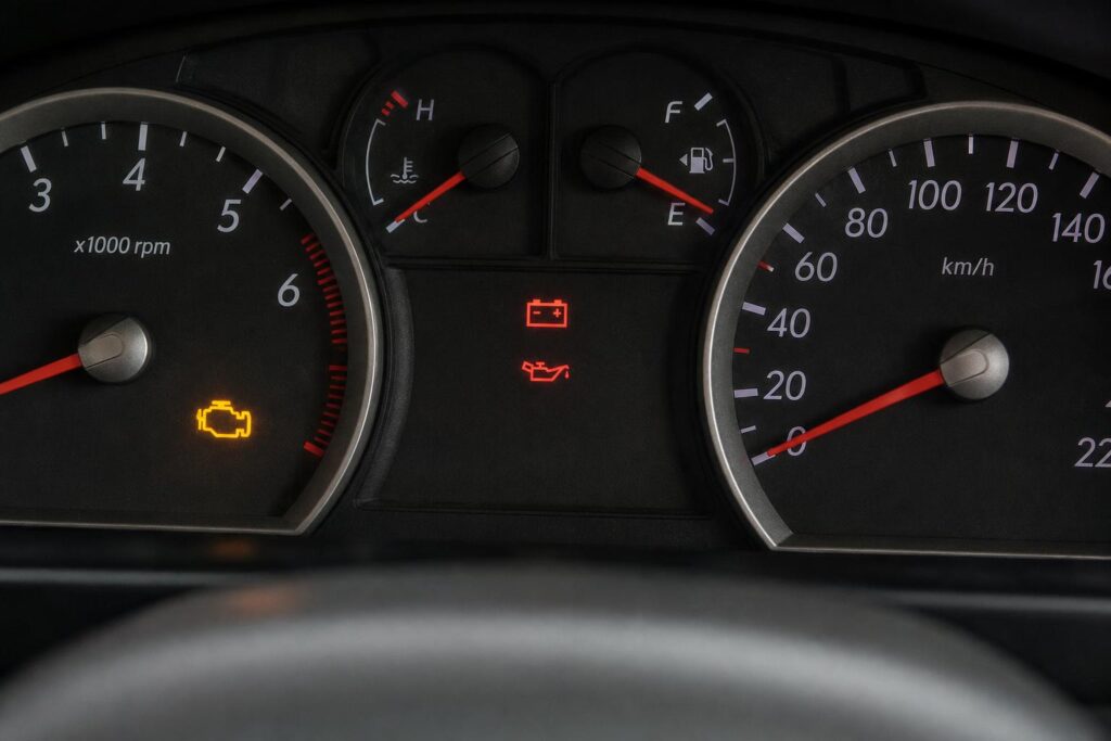 Autó műszerfalának közeli képe világító motorhiba-visszajelzővel, a vezérlés lehetséges hibájára utalva