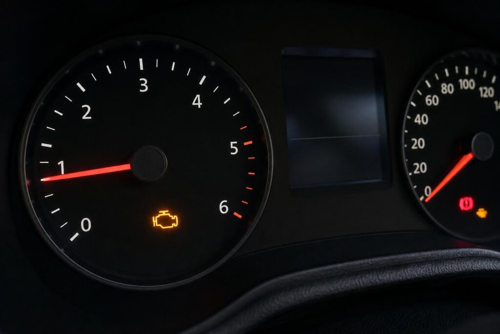 Autó műszerfala ingadozó alapjáratot jelző, változó fordulatszámú fordulatszámmérővel és világító motorhiba-jelzővel