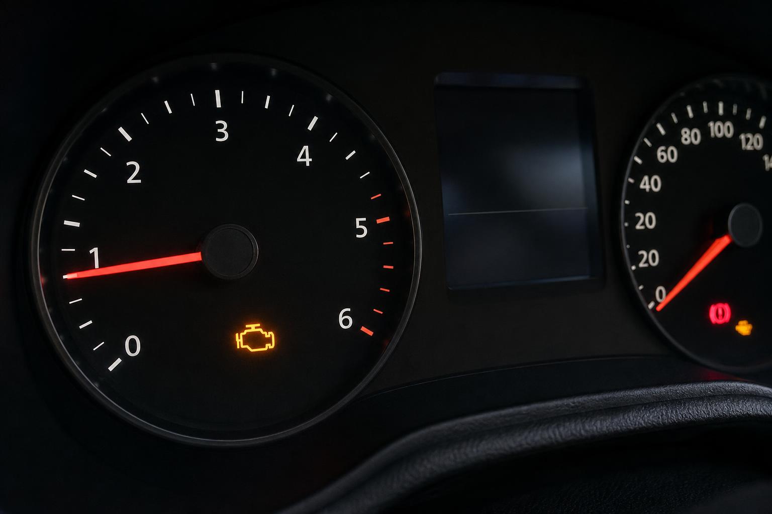 Autó műszerfala ingadozó alapjáratot jelző, változó fordulatszámú fordulatszámmérővel és világító motorhiba-jelzővel