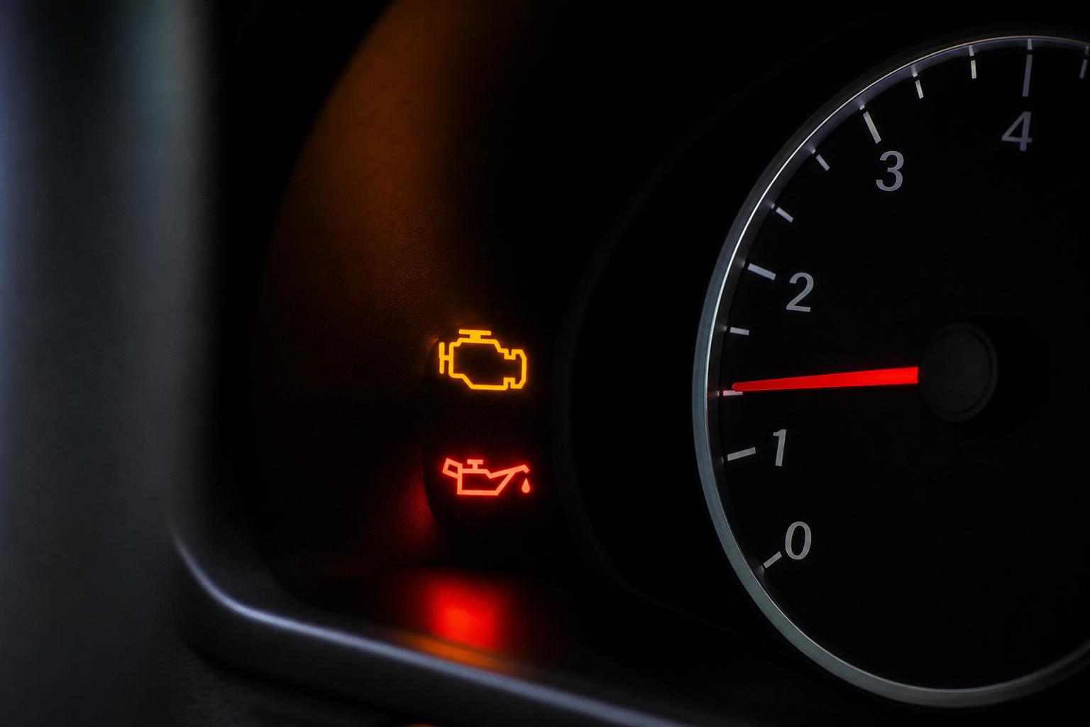 Autó műszerfala indításkor világító motorhiba- és olajnyomásjelző ikonnal