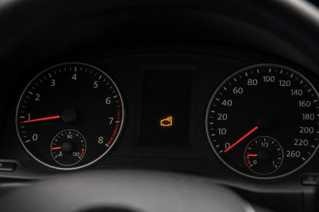 Autó műszerfala felgyulladt motorhiba-jelző lámpával, vezérműlánc-problémára utaló zaj témájához