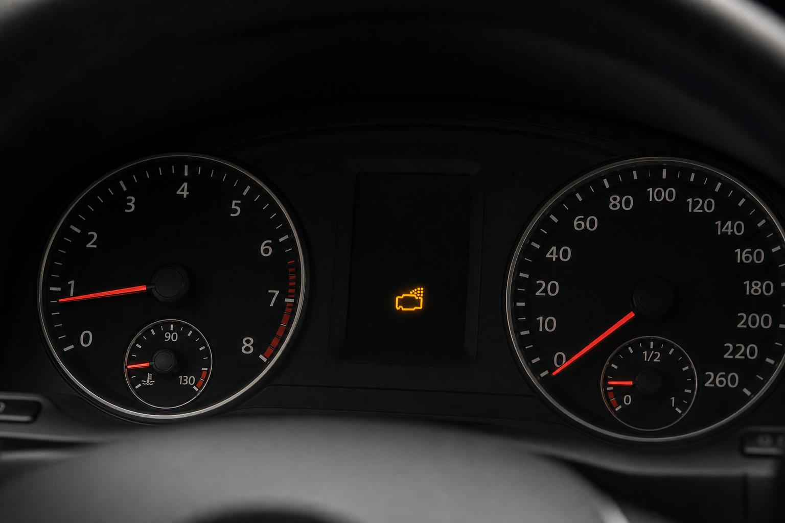 Autó műszerfala felgyulladt motorhiba-jelző lámpával, vezérműlánc-problémára utaló zaj témájához