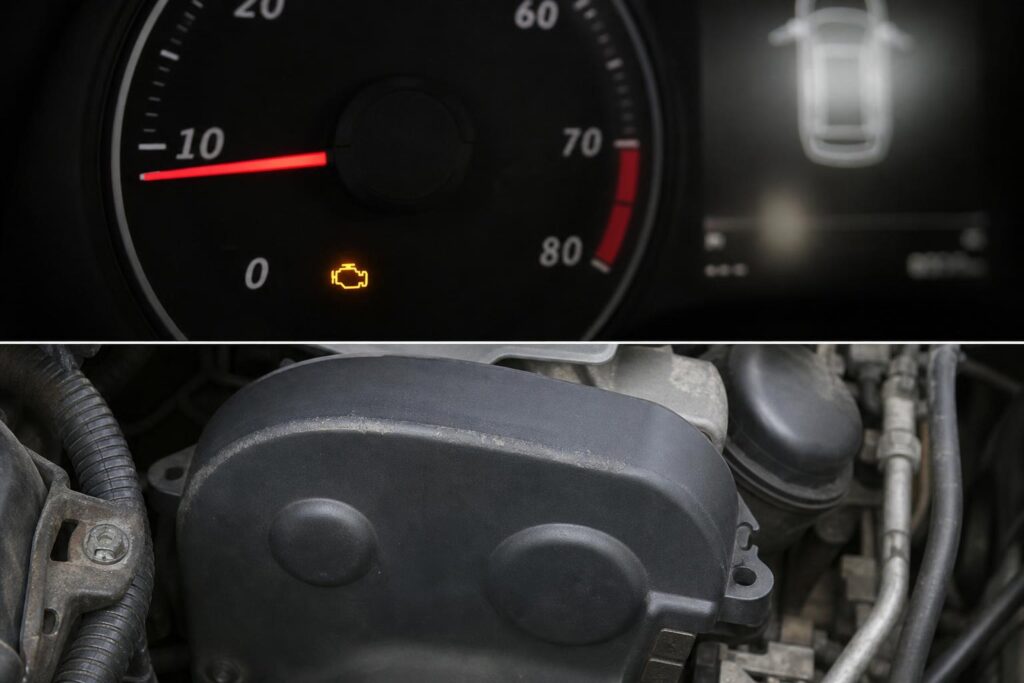 Autómotor vezérműszíj-burkolata súrlódásra utaló kopásnyomokkal