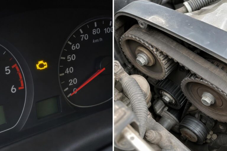 Közeli, fotórealisztikus kép egy autó motorjának vezérműszíj környékéről, kopott szíjperemmel és szennyezett alkatrészekkel