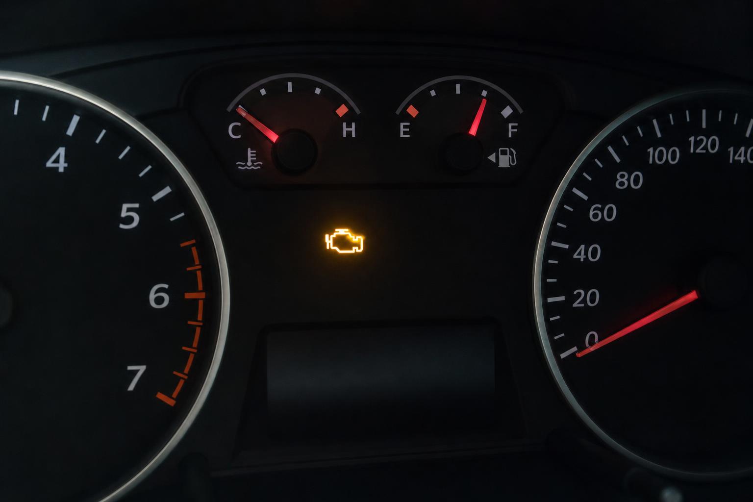 Autó műszerfala világító sárga motorhiba-visszajelzővel, amely vezérműtengely-jeladó hibára is utalhat