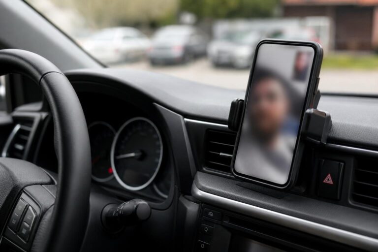 Telefon videóhívással autó műszerfalára rögzítve, a jármű biztonságosan álló helyzetében