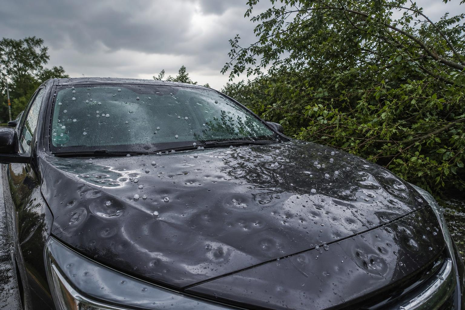 Jégverés után megrongálódott autó horpadásokkal a motorháztetőn és a tetőn