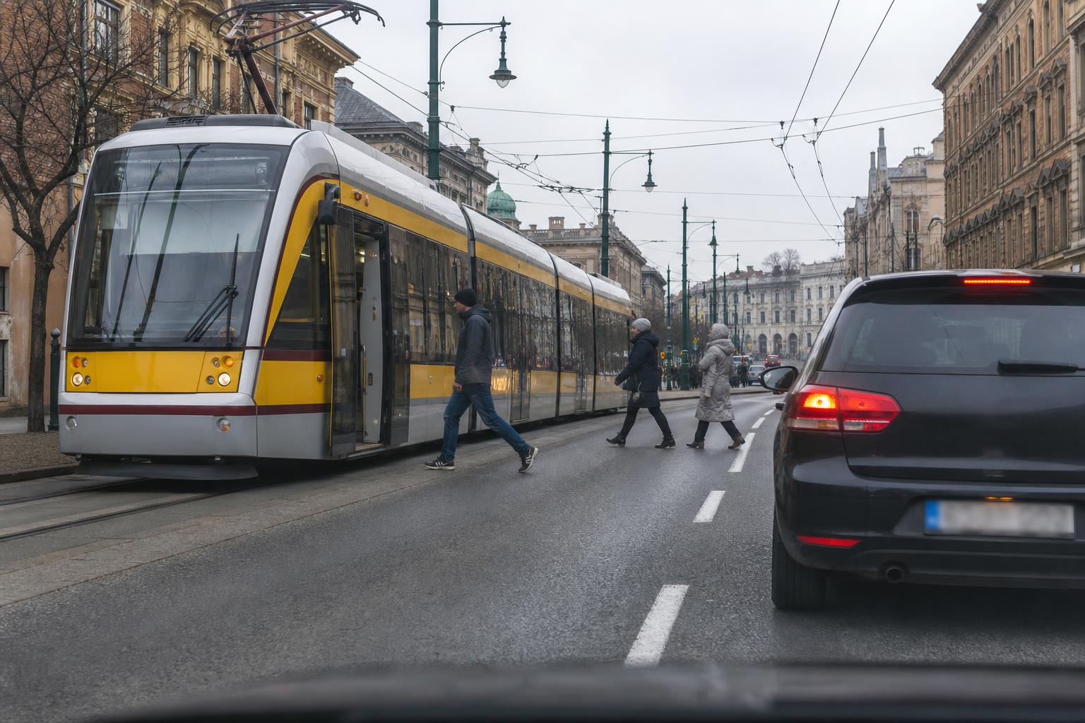 Megálló villamos és mögötte várakozó autó járdasziget nélküli útszakaszon