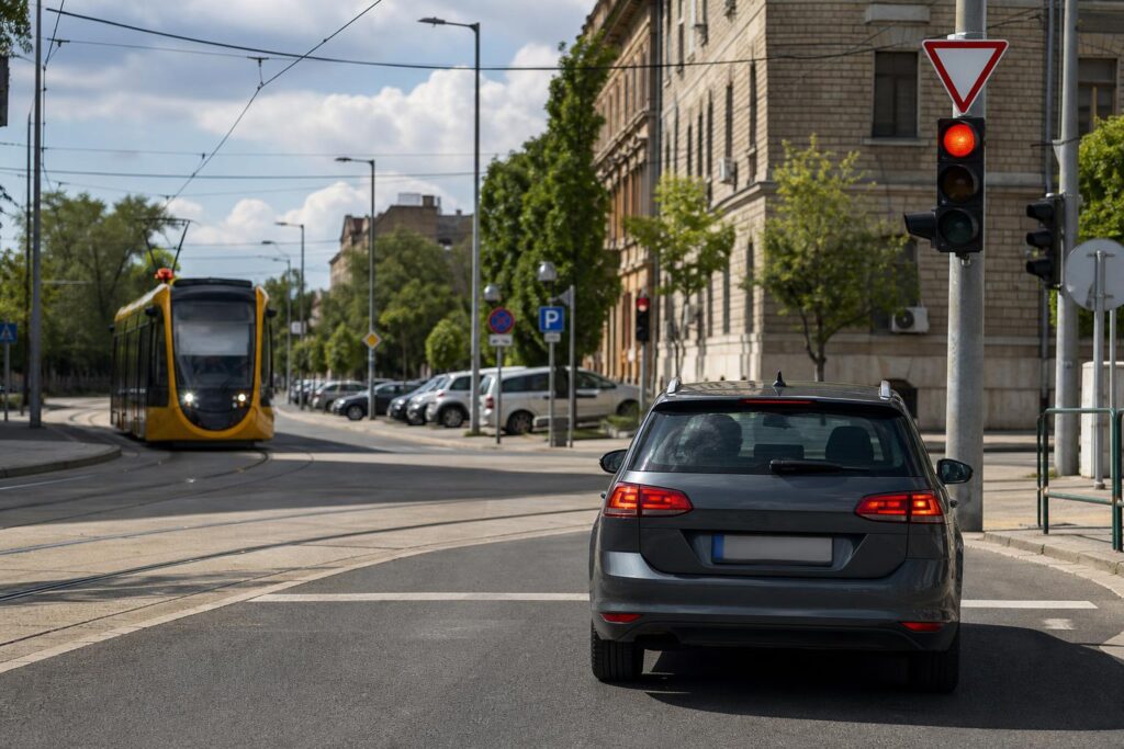Személyautó várakozik egy városi kereszteződésben, miközben villamos közeledik a síneken