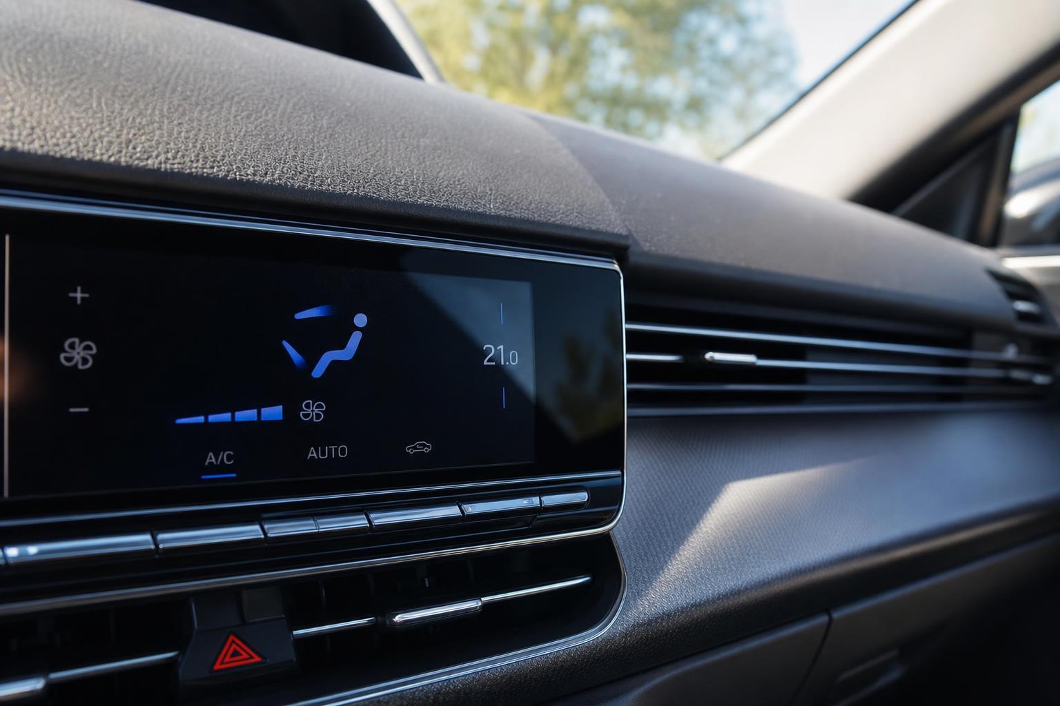 Elektromos autó műszerfala bekapcsolt klímával egy meleg nyári napon