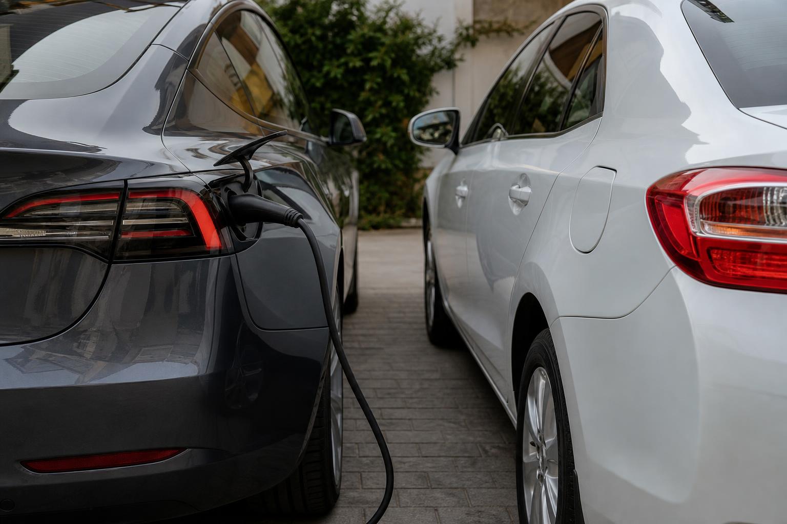 Elektromos és benzines autó egymás mellett összehasonlításhoz
