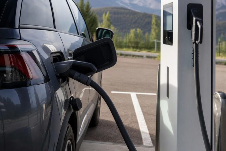 Elektromos autó töltése nyilvános gyorstöltőn egy hosszabb út közben