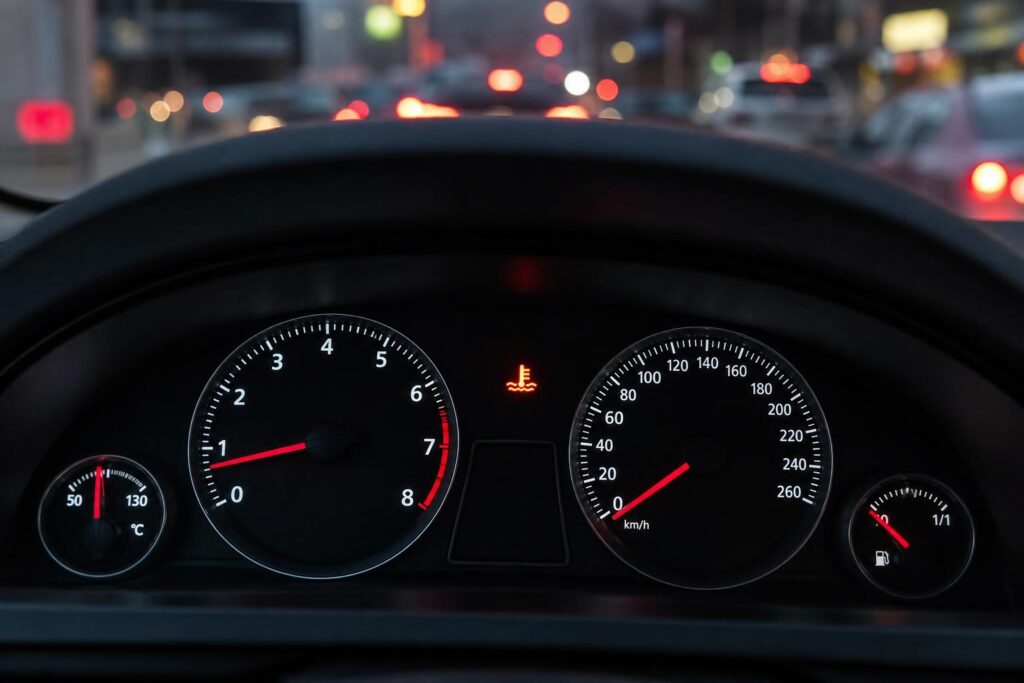 Autó műszerfala megemelkedett motorhőmérsékletet és hűtőfolyadék-hőfok figyelmeztetést jelez
