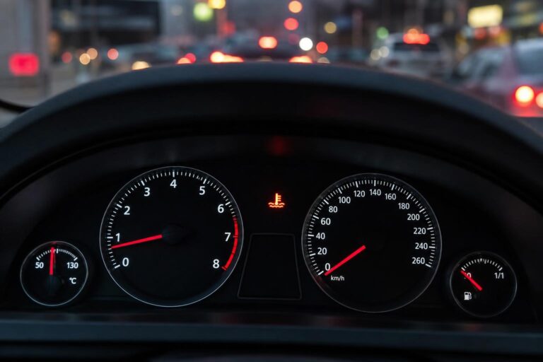 Autó műszerfala megemelkedett motorhőmérsékletet és hűtőfolyadék-hőfok figyelmeztetést jelez