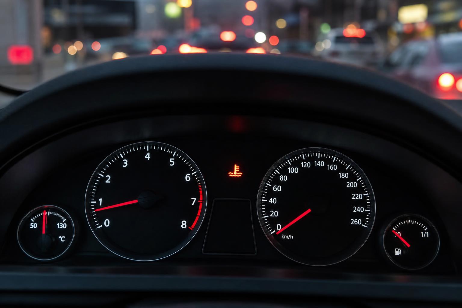 Autó műszerfala megemelkedett motorhőmérsékletet és hűtőfolyadék-hőfok figyelmeztetést jelez