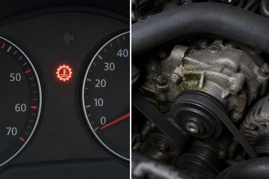 Autómotor vízpumpa környéke és a szíjhajtás enyhe hűtőfolyadéknyommal