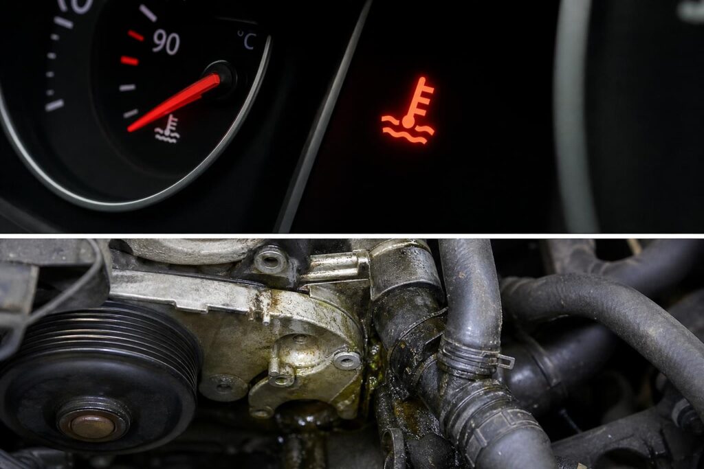 Autómotor vízpumpája és a környezetében látható hűtőfolyadék-szivárgás nyoma