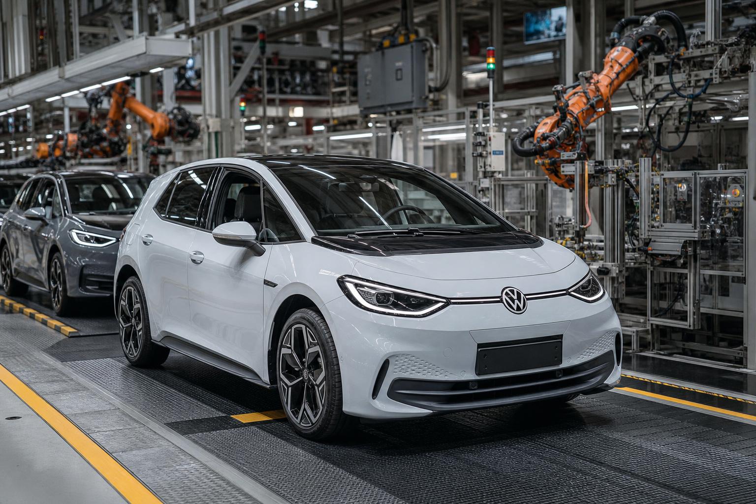 Kompakt Volkswagen elektromos autó egy modern európai gyár összeszerelő során