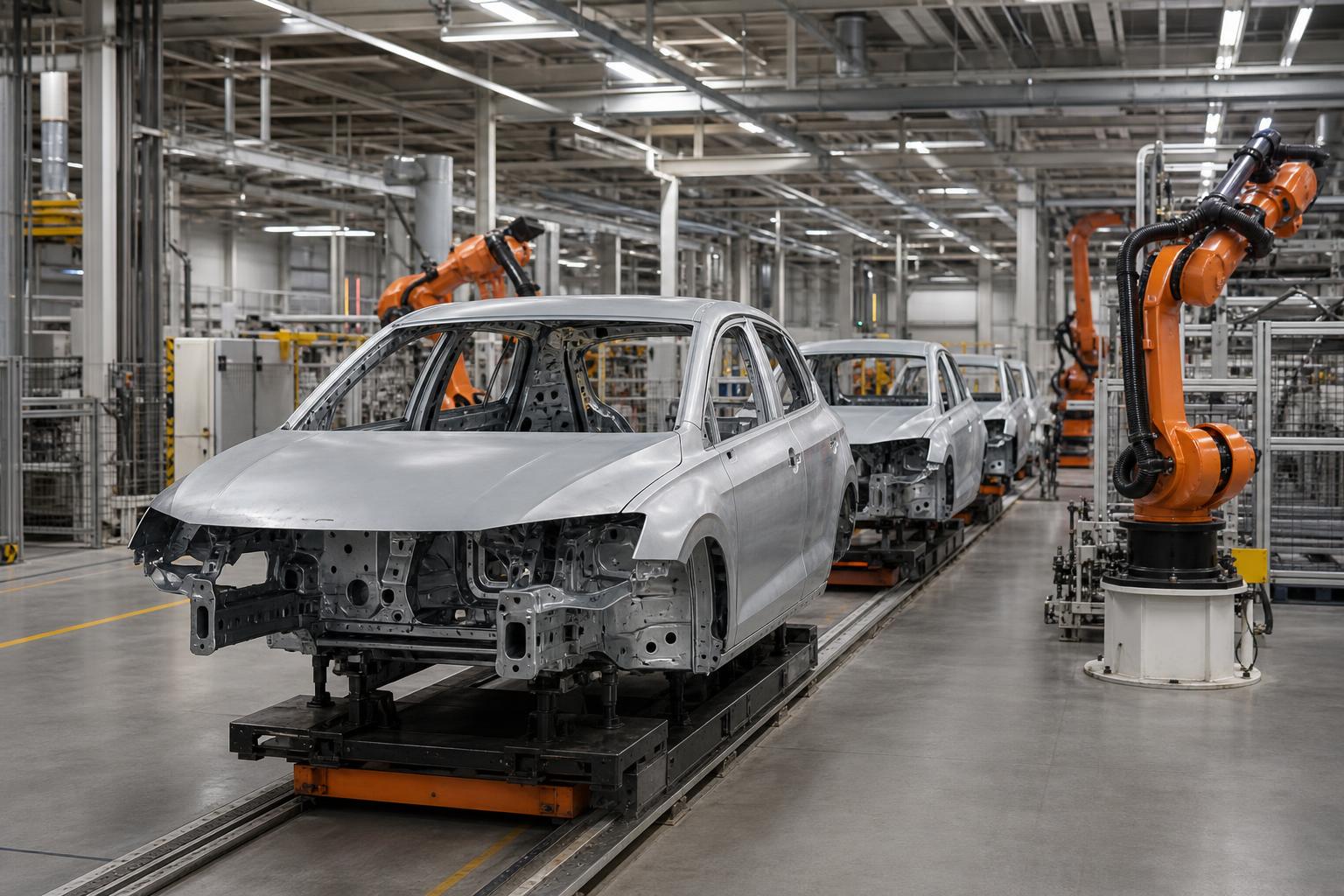 Volkswagen-gyár szerelőszalagja és készülő autók