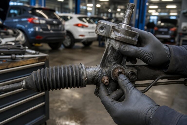 Kormányművet és korrózió jeleit ellenőrzik egy szervizműhelyben