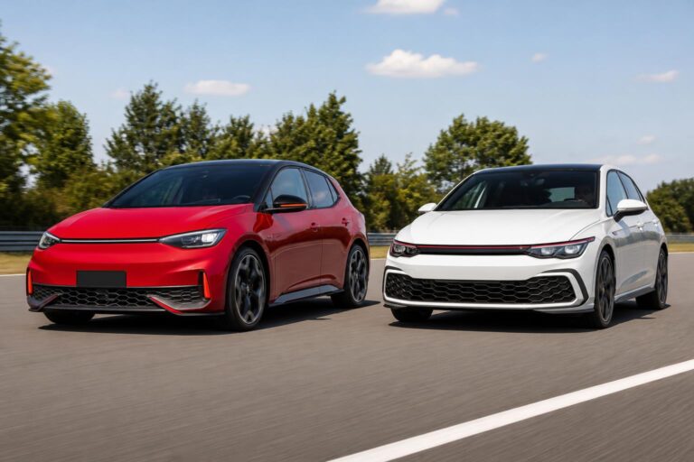 Elektromos ID.3 GTI és benzines Golf GTI egymás mellett egy tesztpályán