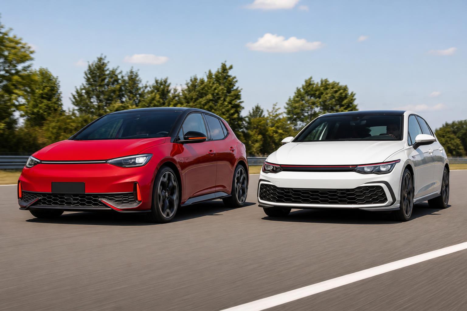Elektromos ID.3 GTI és benzines Golf GTI egymás mellett egy tesztpályán