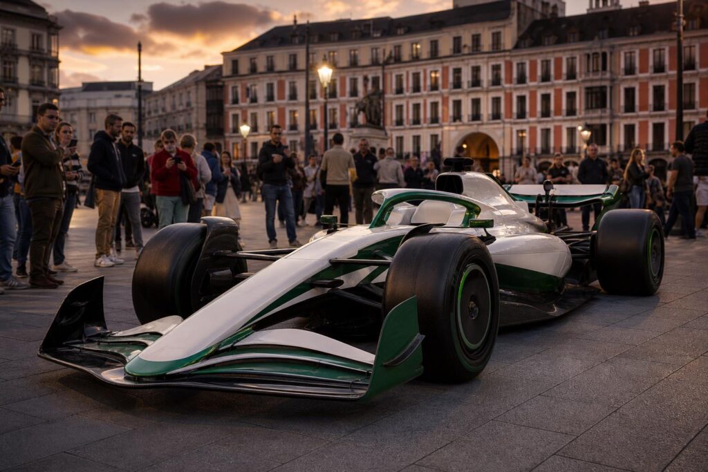 Fehér-zöld-fekete retrófestésű Williams Forma–1-es autó Madridban