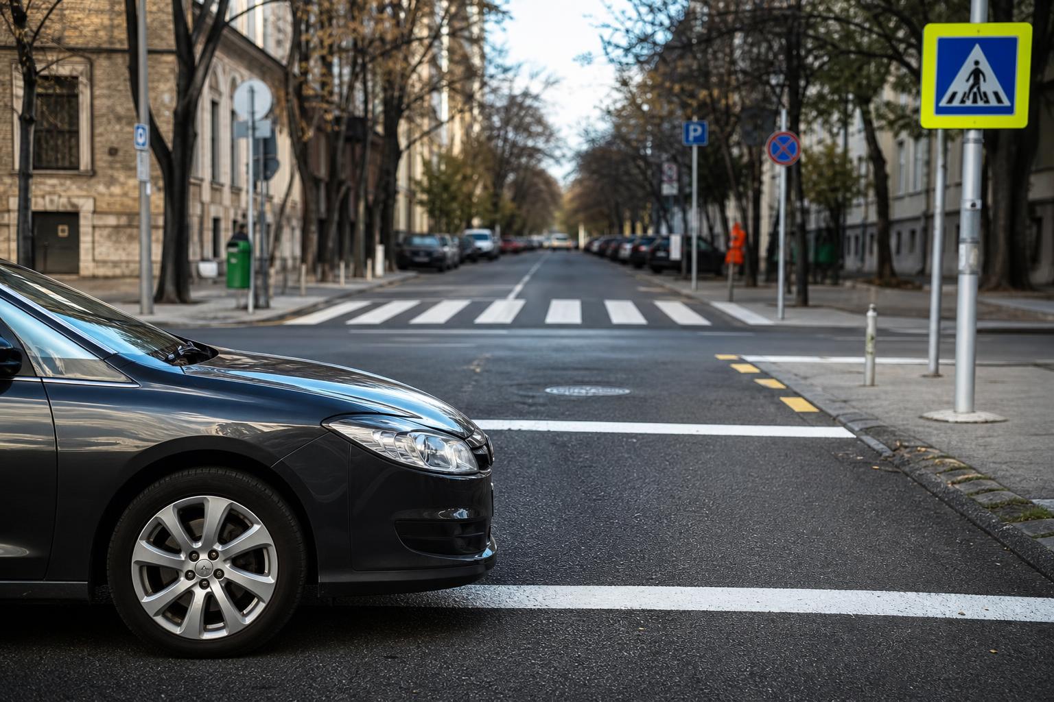 Autó a zebra előtt szabályos távolságban, szabadon hagyott gyalogátkelőhellyel