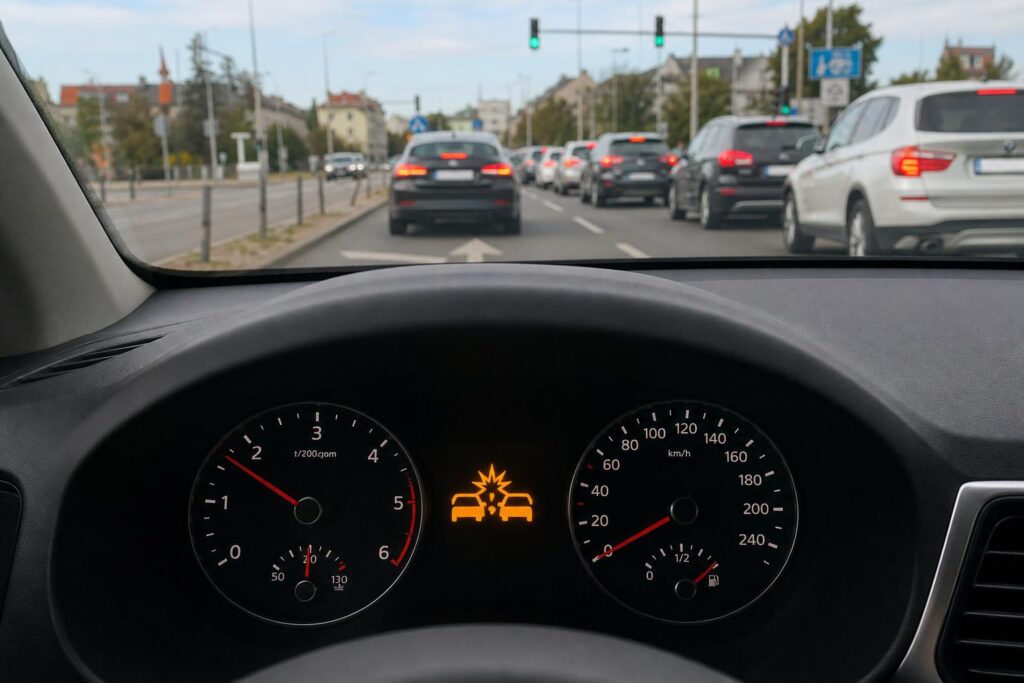 Zöld lámpánál torlódásba vezető autó egy zsúfolt városi kereszteződés előtt
