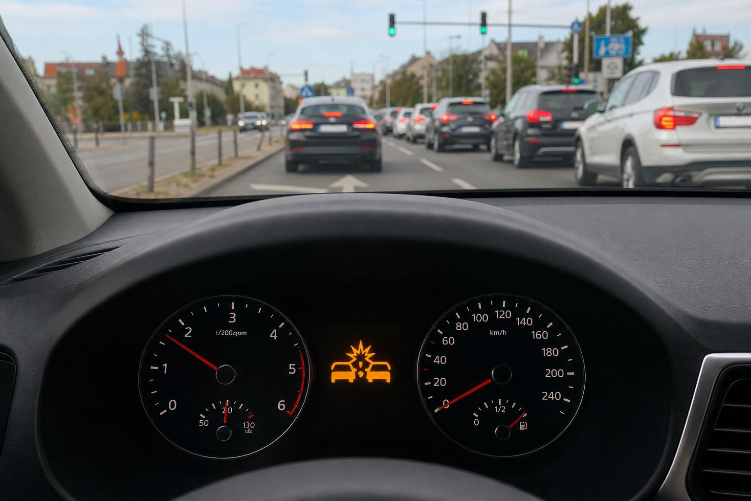 Zöld lámpánál torlódásba vezető autó egy zsúfolt városi kereszteződés előtt