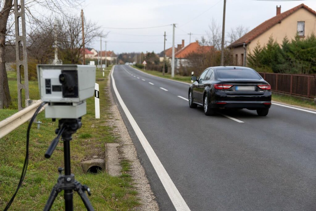 Rendőrségi sebességellenőrzés egy fekete autó mellett a 6-os főúton